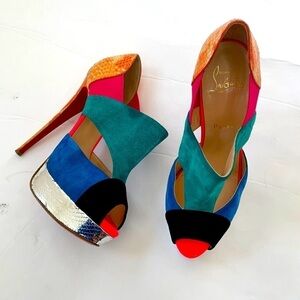 Christian Louboutin Multicolor Suede & Python Pitou Cut Out Pumps 39